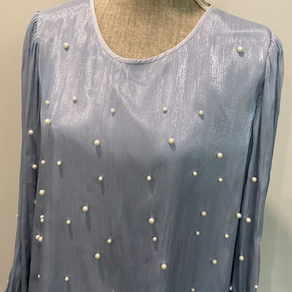 Pearl-Embellished Light Blue Long-Sleeve Women's Top - Picture 10 of 16